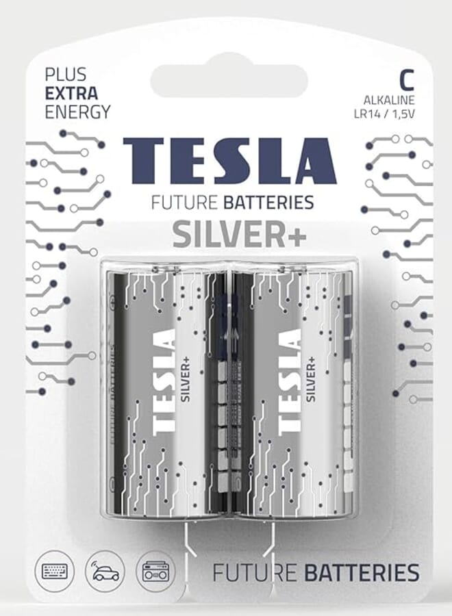 Tesla C Battery Silver+ Alkaline - Plus Extra Energy Batteries Blister Foil LR14/1.5V Pack of 2
